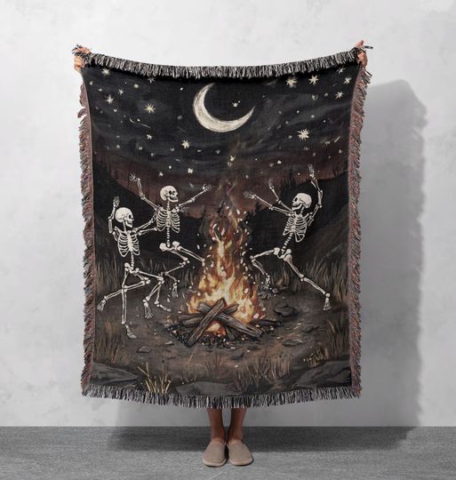 Discover Skeleton Campfire Woven Blanket  - Spooky Night Scene Throw with Dancing Skeletons Under Moonlight for Halloween, Cottagecore