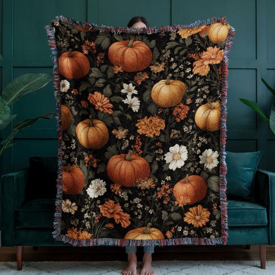 Discover Pumpkin Floral Woven Blanket, Halloween Cottagecore Tapestry Throw, Autumn Home Decor, Vintage Fall Blanket, Witchy Tapestry