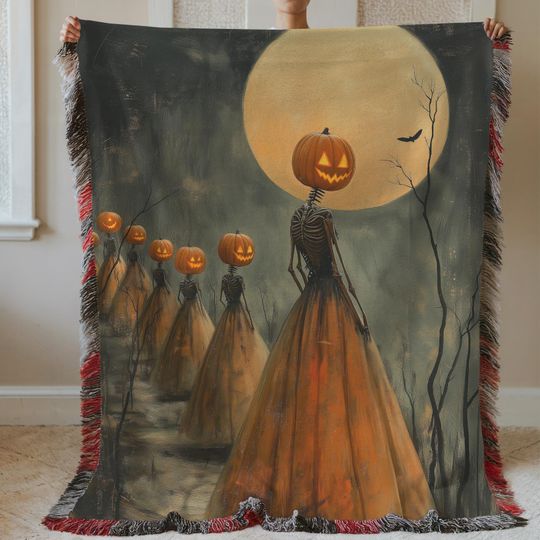 Discover Pumpkin Skeleton Woven Blanket: Gothic Halloween Tapestry
