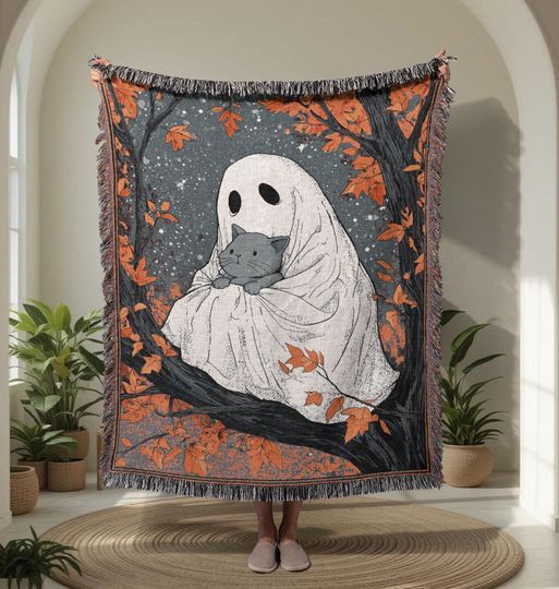 Halloween Ghost Cat  Woven Blanket, Spooky Season Decor Woven Blanket, Autumn Pet Lover Gift Woven Blanket, Cute Ghost Hobby Gift