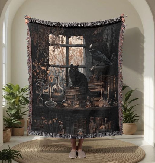 Discover Woven Blanket Cat Witchcraft   Woven Blanket Magical Laboratory Woven Blanket Halloween Decor Woven Blanket Nature Vampire Lover