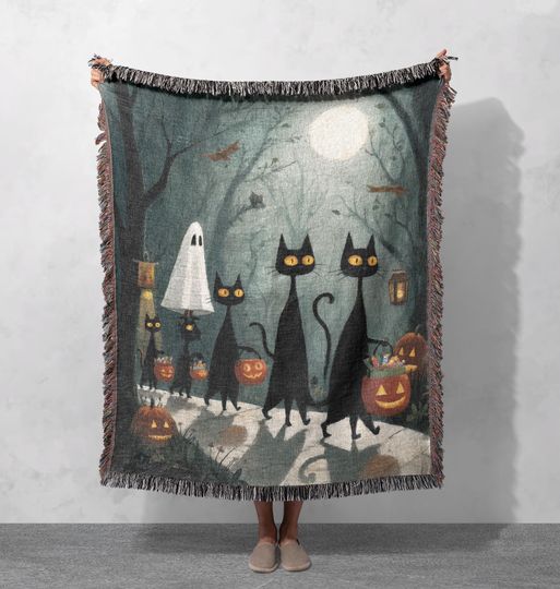 Discover Halloween Woven Blanket , Black Cats Woven Blanket, Ghost Costume Kids Woven Blanket, Spooky Night Forest Woven Blanket, Pumpkin