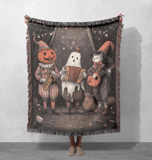 Halloween Woven Blanket  , Witch Cat Costume Woven Blanket, Pumpkin Head Musician Woven Blanket, Ghost Accordion Player Blanket