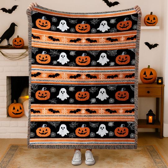 Discover Personalized Halloween Ghost & Pumpkins Woven Blanket, Ghost Halloween Throw Blanket, Halloween Home Decor, Halloween Gift, Cute Ghost Gift