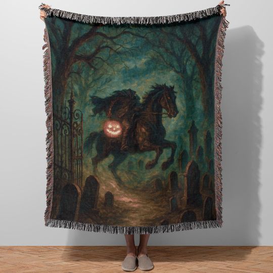 Headless Horseman Throw Blanket - Sleepy Hollow Woven Quilt Tapestry, Halloween Fall Decorating, Jack O Lantern Horse Rider Art
