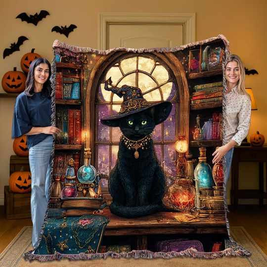 Discover Halloween Black Cat Woven Blanket, Witch Cat Throw with Potions and Pumpkins, Gothic Witchy Fall Decor, Spooky Cozy Gift, Black Cat Spooky