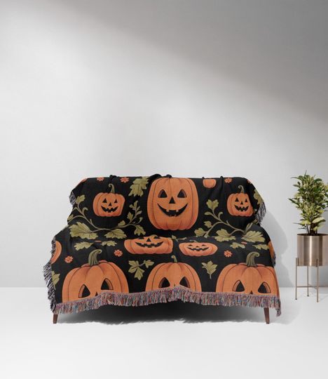 Cottagecore Pumpkin Halloween Blanket Cute Halloween Decor Woven Throw Blanket Cute Fall Decor Spooky Season Gift Tapestry Fall Blanket