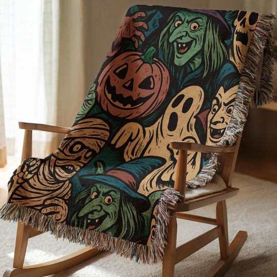 Discover Retro Halloween Monsters Woven Cotton Blanket, Spooky Throw, Witch Vampire Mummy Ghost Pumpkin, Classic Horror Home Decor Gift