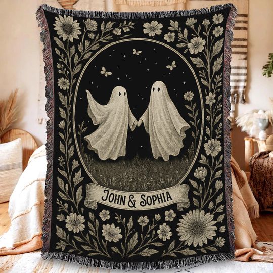Discover Custom Ghost Couple Woven Blanket, Personalized Halloween Blanket, Wedding Anniversary Gifts, Halloween Gift For Couple