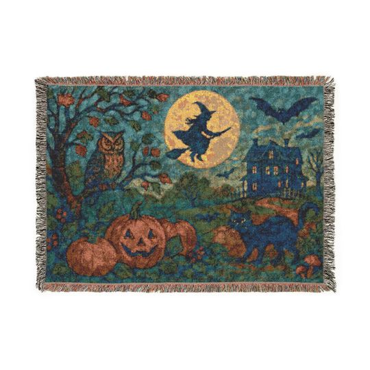 Discover Halloween Woven Cotton Blanket: Witch & Pumpkin Autumn Decor