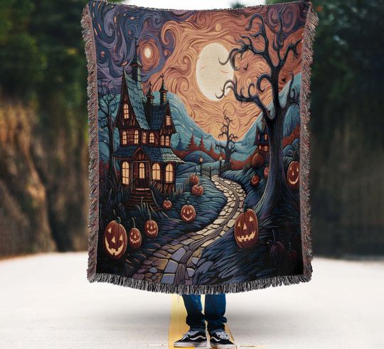 Discover Retro Halloween Woven Throw Blanket: Haunted House & Pumpkins