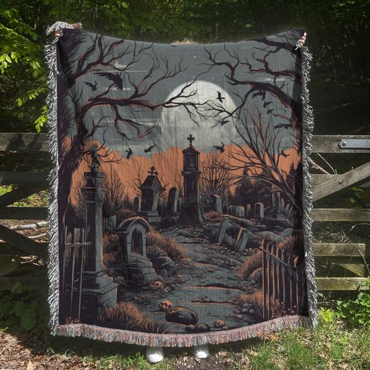 Halloween Woven Blanket, Haunted Graveyard Tapestry, Fall Decor, Gothic Gift, Witchy Gift, Spooky Season, Ghost Blanket, Dark Academia