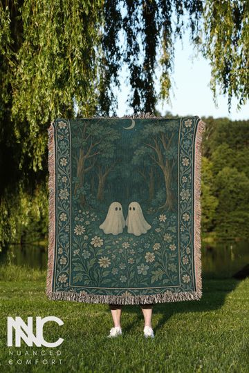 Discover Whimsigoth Ghost Couple Woven Blanket Halloween Blue Mystical Home Decor Botanical Gothic Ornate Decor Cozy Throw for Couples Wedding Gift