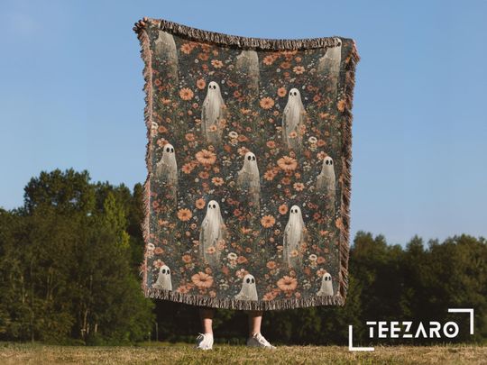 Discover Ghost Floral Woven Blanket: Cottagecore Halloween Cotton Throw