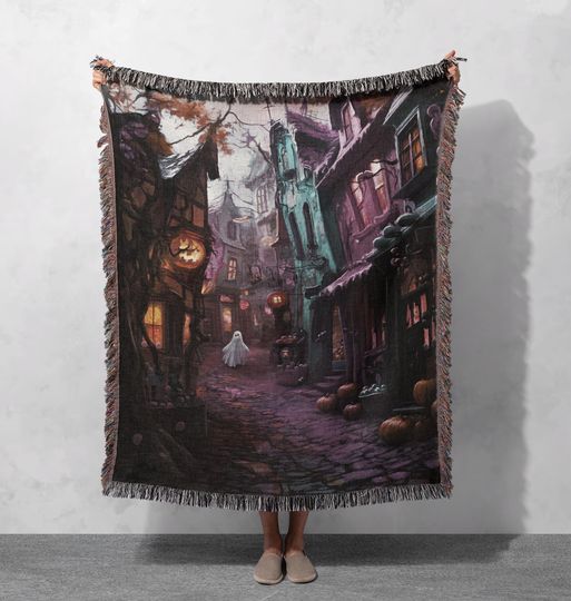 Discover Halloween Haunted Alleyway Woven Blanket  , Spooky Ghost Town Art Blanket, Whimsical Pumpkin Ghost Lover, Fall Celebration Decor