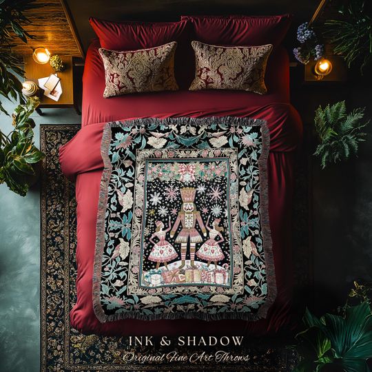 Discover Ethereal Holiday Nutcracker Woven Blanket | Nordic Ballet Throw Christmas Decor Cozy Folklore Style Tapestry Seasonal Festive Cottagecore |