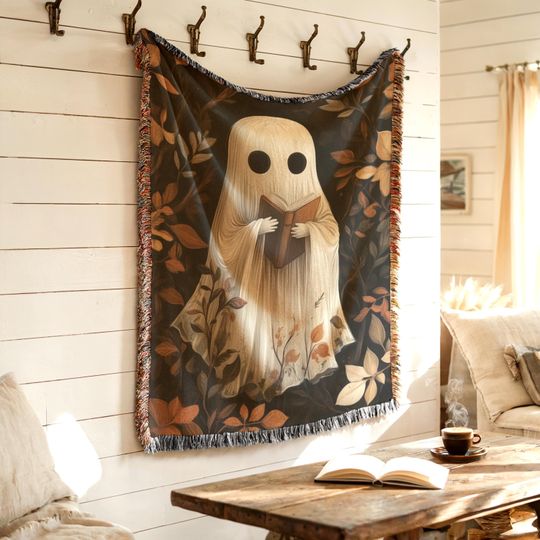 Reading Ghost Throw Blanket | Halloween Couch Decor, Spooky Cute Goblincore Gift for Book Lovers, Teacher, Room Decor
