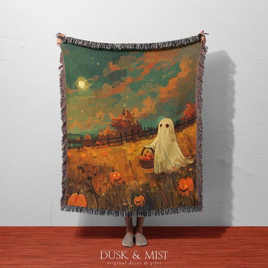Discover Ghost in Pumpkin Field Woven Blanket | Spooky Autumn Throw for Halloween Decor | Cozy Ghostcore Tapestry for Sofa, Wall or Bed