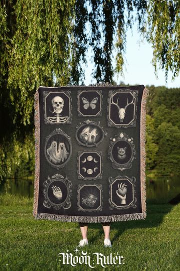 Discover Dark Gothic Tapestry Woven Blanket Skeleton Moon Phases Ghosts Occult Frame Illustrations Gift For Witchy Friend Witchy Frame Motifs