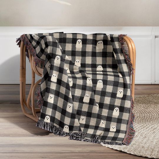 Discover Gingham Ghost Woven Blanket: Halloween Fall Couch Throw with Fringe