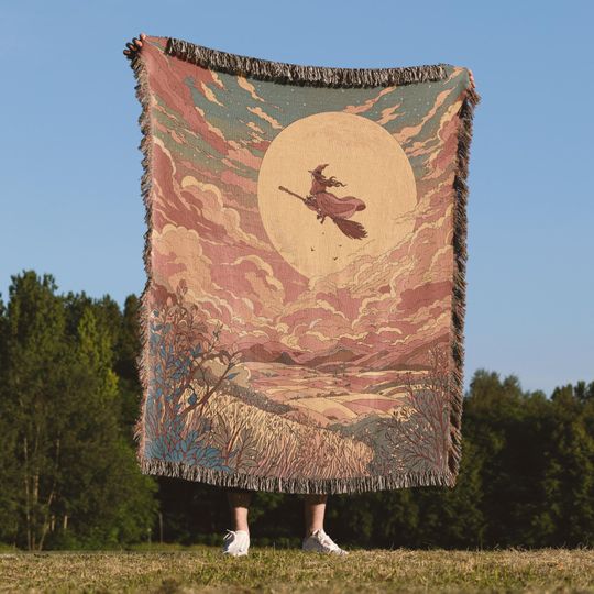 Discover Moon Witch Woven Blanket, Halloween Throw, Cozy Fall Blanket, Witchy Home Decor, Autumn Cottagecore, Magical Gift