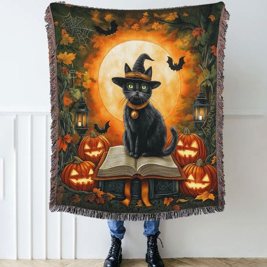 Discover Halloween Woven Blanket, Black Cat Witch Throw Blanket, Pumpkin Jack-o-Lantern Tapestry, Fall Decor for Couch or Bed, Halloween Decor
