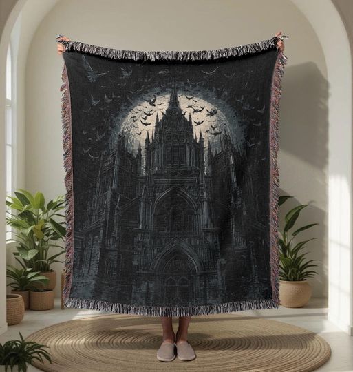 Discover Gothic Cathedral  Woven Blanket, Spooky Halloween Throw Blanket, Dark Academia Decor Woven Tapestry, Vampire Castle Couch Throw