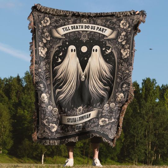 Discover Ghost Couple Woven Tapestry, Personalized Anniversary Gift Custom Name Blanket, Halloween Woven Blanket, Cottagecore Wedding Gift For Couple
