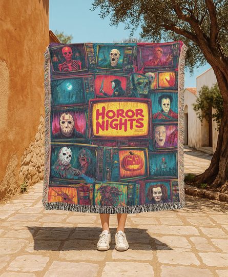 Horror Nights  Woven Blanket, Slasher Film Fan Throw, Classic Horror Movie Lover Tapestry, Halloween Decor Woven Blanket, Spooky