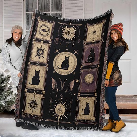 Discover Halloween Black Cat Woven Blanket, Black Cat Gothic Decor, Witchy Blanket Decor, Tarot Black Cat Woven Throw, Gothic Decor Witch Tapestry