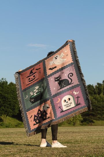 Discover Spooky Halloween Blanket Woven Throw Blanket with Ghost Cat Pumpkin Trick or Treat Fall Decor Cozy Gothic Cottagecore Autumn Home Gift