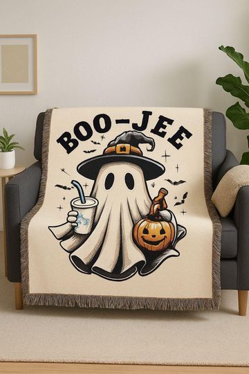 Discover Halloween Ghost Woven Blanket: Cozy Cotton Throw with Fringe, holloween decor