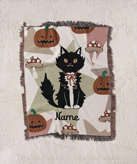 Discover Personalized Woven Halloween Blanket, Cute Black Cat Throw Blanket, Halloween Cozy Cottage core Decor, Spooky Season Wall Tapestry Gift