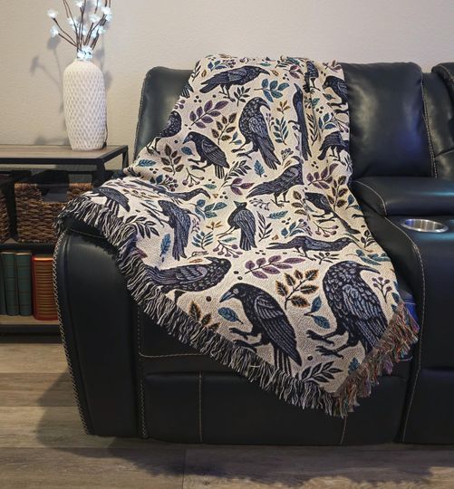 Ravens Woven Blanket: Gothic Crow Throw, Bird Lover Gift
