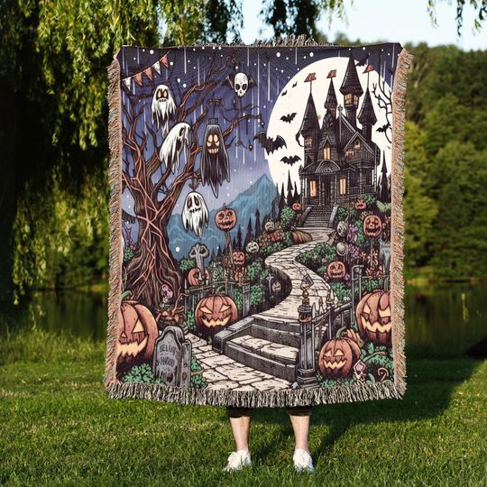 Halloween Haunted House Woven Throw Blanket: Dark Academia Cottagecore Tapestry