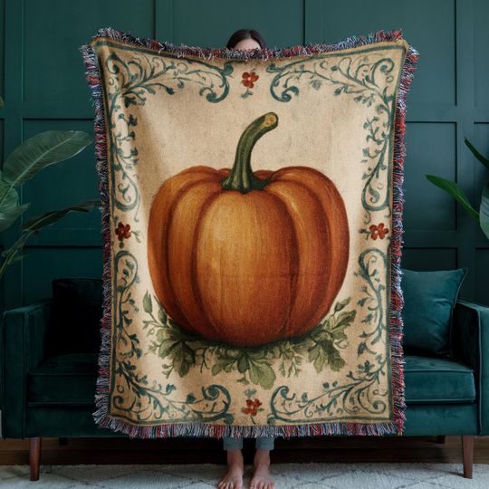 Discover Vintage Pumpkin Woven Blanket, Rustic Fall Decor, Autumn Harvest Tapestry Throw, Cottagecore Farmhouse Style, Gothic Halloween Blanket
