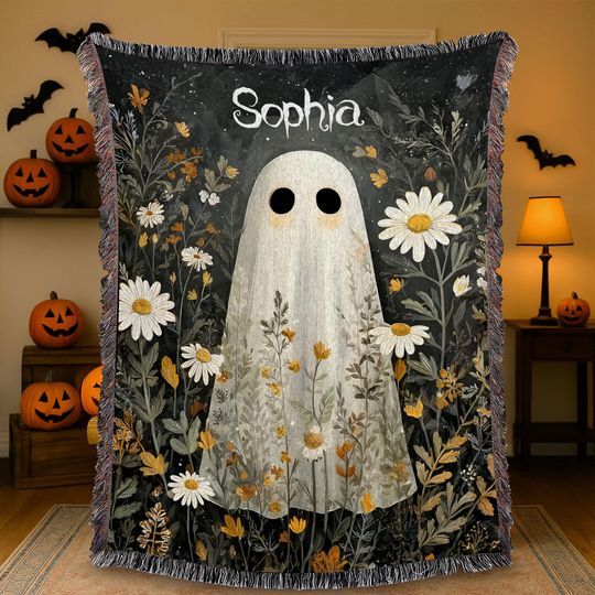 Discover Personalized Cute Ghost Woven Blanket, Daisy Floral Halloween Throw, Custom Name Cozy Fall Blanket for Her, Floral Cute Ghost Tapestry