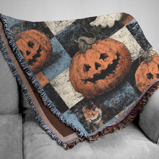 Discover Halloween Woven Blanket: Grunge Checkered Pumpkin & Ghost Decor