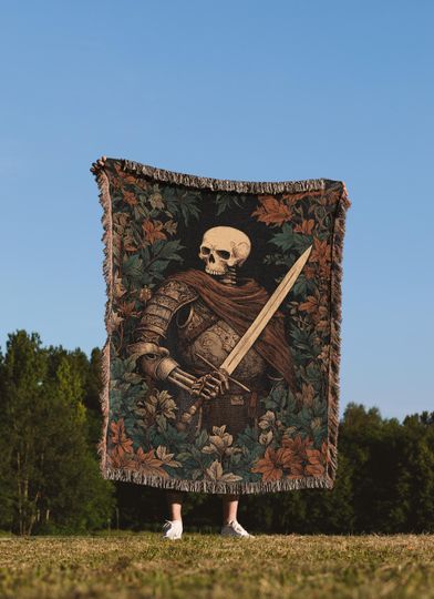 Cool Skeleton Medieval Knight Woven Blanket, Dark Cottagecore, Gothic Home Decor, Spooky Throw, Halloween Gift, Vintage Style Wall Tapestry