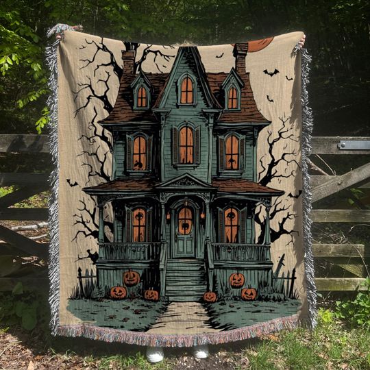 Vintage Haunted House Blanket Spooky Halloween Woven Throw Retro Gothic Decor Spooky Halloween Decorations Woven Blanket Halloween Decor