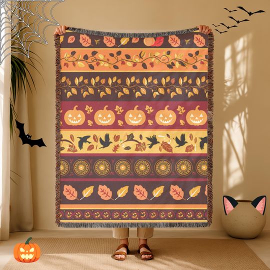 Discover Halloween Woven Blanket: Pumpkins, Ravens, Autumn Leaves - Spooky Fall Decor