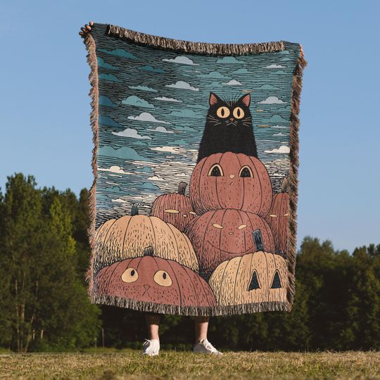 Discover Black Cat Halloween Blanket, Spooky Pumpkin Jackolantern Throw, Fall Cozy Cottagecore Decor
