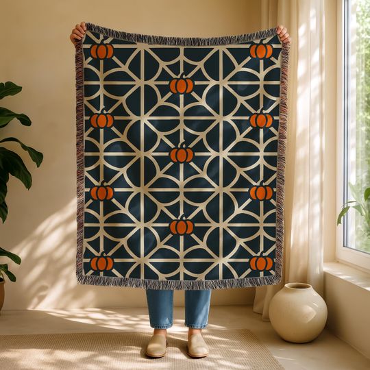 Gothic Halloween Woven Blanket, Spiderweb Patchwork Throw with Pumpkins, Cozy Spooky Home Dcor, Halloween Blanket, Halloween Throw,