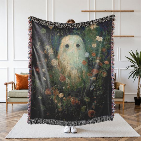Discover Halloween Woven Throw Blanket, Dark Cottagecore Ghost Tapestry, Spooky Autumn Blanket, Cozy Witchy Decor, Moody Ghost Blanket, Fall Gift