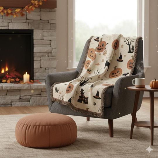 Discover Spooky Seasonal Woven Blanket - Halloween Decor, Cozy Throw, Festive Home Accent, Autumn Gift, Trick-or-Treat Fun