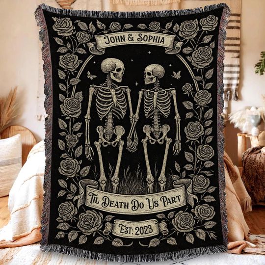 Custom Skeleton Couple Woven Blanket, Personalized Spooky Halloween Blanket, Wedding Anniversary Gifts, Halloween Gift For Couple