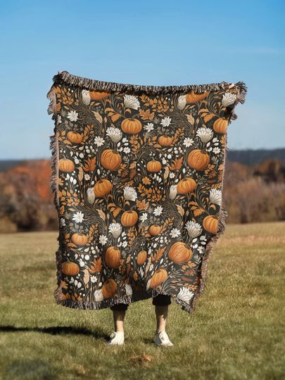 Discover Autumn Floral Pumpkin Woven Throw Blanket | Halloween Rug Wall Hanging Tapestry Sofa Bed Cover Fall Decor -  Gift For Her