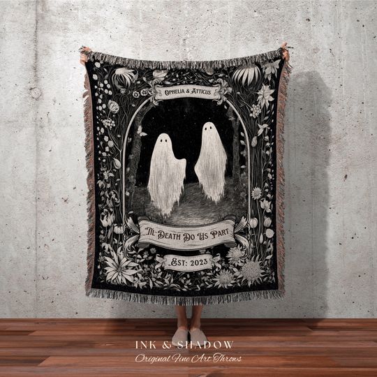 Dark Academia Ghost Blanket Woven | Personalized Wedding Blanket Spooky Halloween Tapestry Woven Ghost Gifts Mr & Mrs Anniversary Whimsical