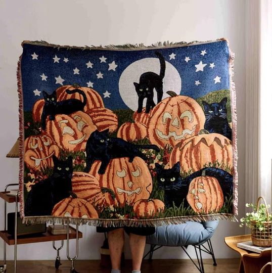 Discover Halloween Black Cat Pumpkin Tapestry Blanket | Jacquard Woven Throw | Spooky Sofa Cover | Gothic Wall Hanging | Fall Home Decor
