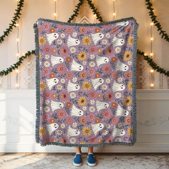 Boho Halloween decoration woven blanket floral ghost Halloween home decor autumn florals blanket cute halloween woven blanket autumn throw